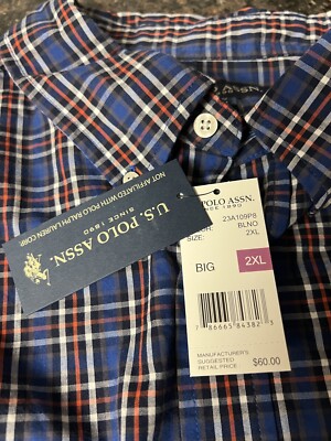 Brand New US Polo Assn Size 2XL Blue And Red Button Down Long
