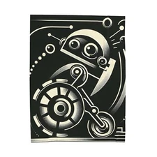 Velveteen Plush Blanket Retro Decor Black White Vintage Art Deco Robot Sleek