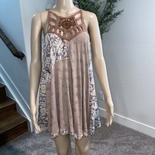 Free People Strappy Print Trapeze Swing Beaded Dress Cottage Core Hippy Medium*