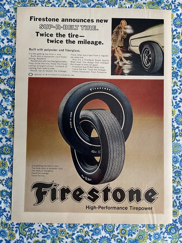Anuncio impreso de neumáticos Firestone 1969 vintage neumáticos SUP-R-BELT el doble de kilometraje