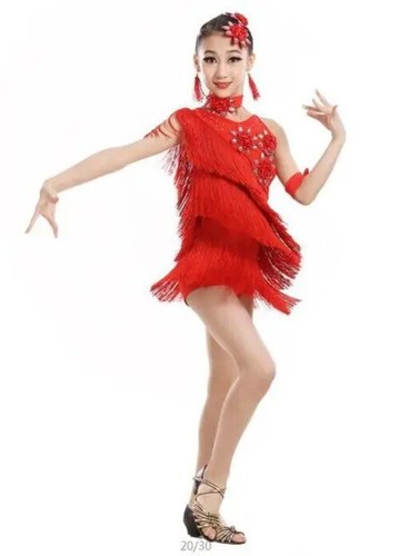 Sequins Tassels Kids Competition Latin Costumes Dance Dresses Girls Gymnastics - Picture 11 of 26