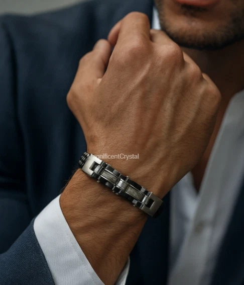 Black Braided Leather Silver Stainless Steel Cuban Link Bracelet Business Men - Image 4 of 4