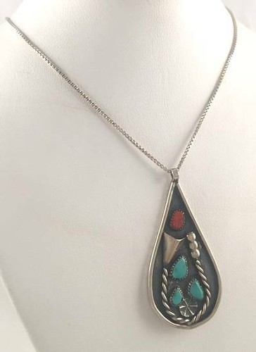 STRIKING NAVAJO B ETSITTY TURQUOISE & CORAL STERLING SILVER PENDANT/NECKLACE 20" - Picture 2 of 8