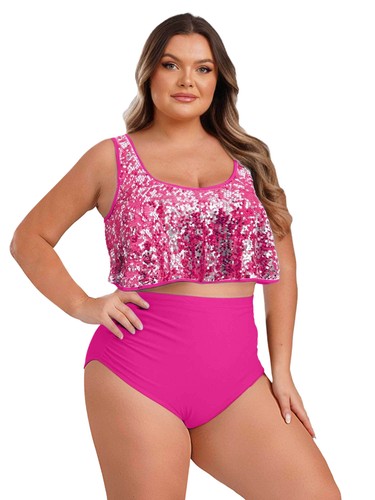 Women Bottom Boyshorts Swimsuit Plus Size Tops Sequins Tankini Tummy Control - Picture 27 of 75