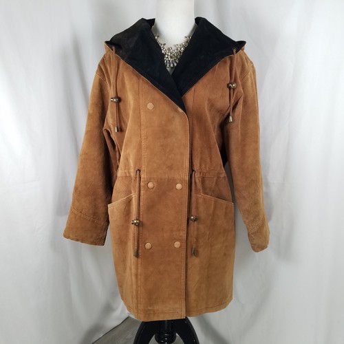 Vintage Ada braune Wildleder Leder Western Jacke mit Kapuze Damen XS Kordelzug