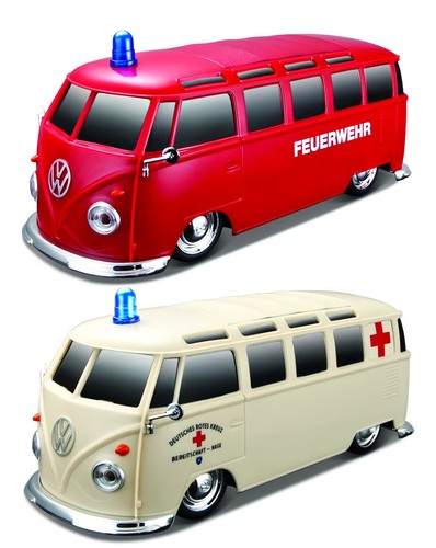 Maisto Ferngesteuertes Auto VW Bus mit Licht und Sound Bulli Ambulanz Feuerwehr - Bild 1 von 5