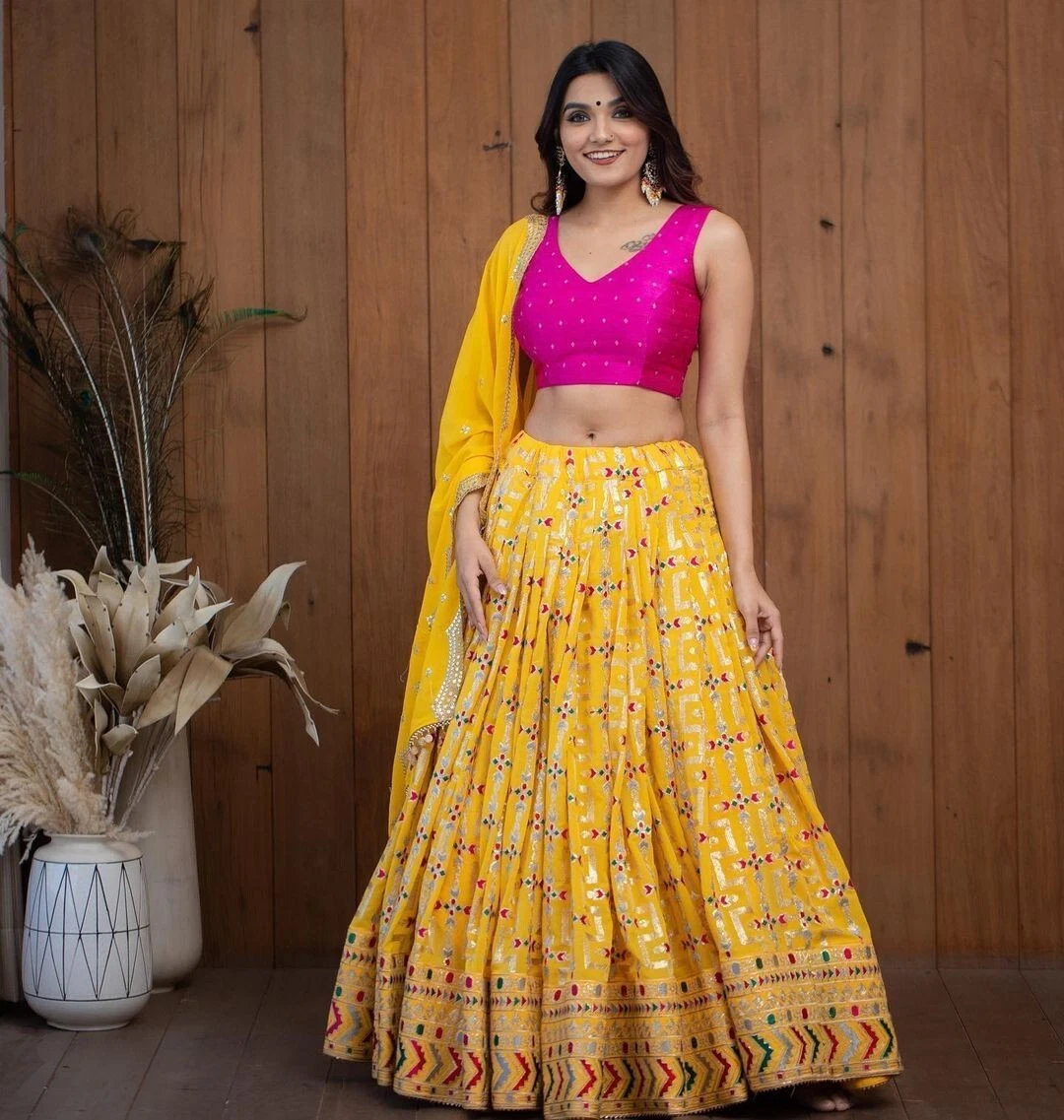 Lehenga choli orange and sale pink