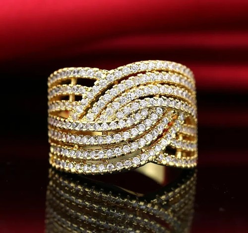 Luxury 10K Yellow Gold Over Statement Ring, Cross Knot Chunky Ring, Diamond Ring - Picture 4 of 6