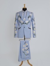 Customize Men's Embroidered Country Western Partywear Cotton Blue 2 piece Suit