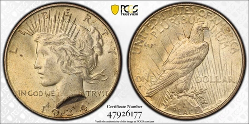 1934-D Peace Silver Dollar PCGS Graded AU58 Gold Shield Label