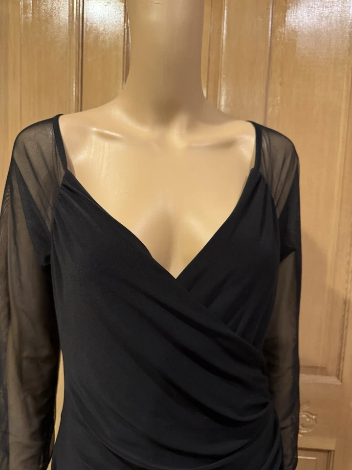 lauren ralph lauren Black Ruched Mesh Long sleeve Midi dress sz 10P - Image 2 of 4