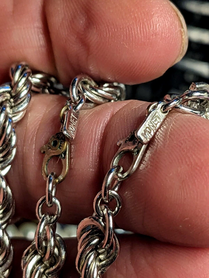 Juego Gargantilla Collar Cadena Cuerda Tono Plata Monet Vintage Años 60 15.5" y Pulsera 7" Foto 4 de 4