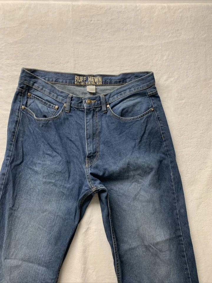 Pantalones de trabajo de mezclilla azul envejecido retro tallados con volantes 34x30 para hombre Foto 2 de 4