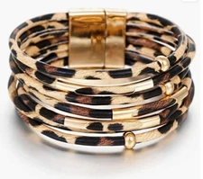 Leopard w/ Gold Accents Multi-Layer Magnetic Closure Cuff Bracelet