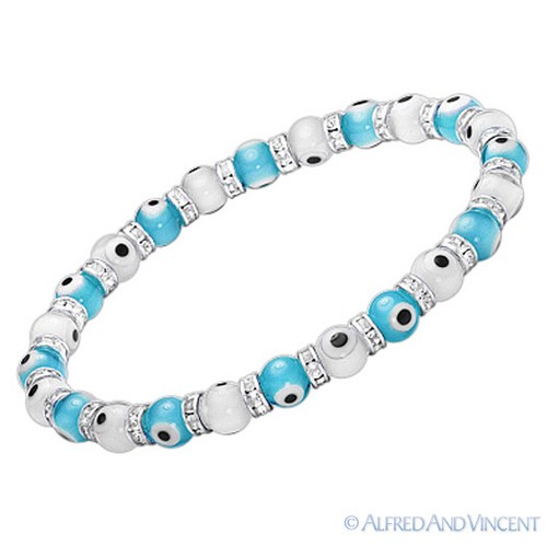 Pulsera Elástica con Cuentas de Cabalá de 6 mm Vidrio Turco Nazar Hamsa Judaica Cabalá - Imagen 19 de 24