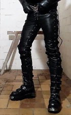 "Red balls on fire" Black Leather side& inside Lace up pant soft COWHIDE