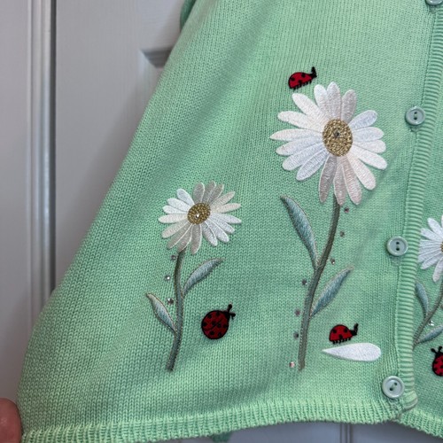 Vintage Tia Large Button Up Cardigan Green Sweater Ladybug Daisy Granniecore - Picture 13 of 17