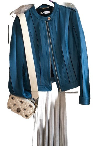 VERSACE Collection Blue Banded Leather Jacket Women Fitted IT 46/6-8 - Picture 13 of 17