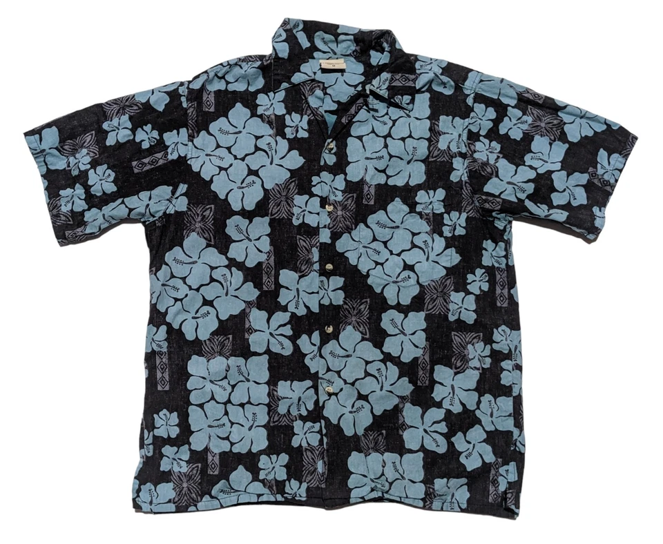 Camisa Hawaiana Go Barefoot Para Hombre M Manga Corta Abotonada Negra Turquesa Floral Foto 2 de 4
