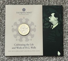 2021 H.G. Wells £2 Two Pound Coin UNC Royal Mint Uncirculated Rare Carded