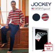 Mens Jockey Stripe 76 Design Long Pyjama Sleepwear Nightwear Red/Navy 