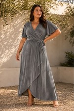 Baltic Born Ribbed Velvet Wrap Maxi Dress Gray XXXL Flutter Sleeve Formal