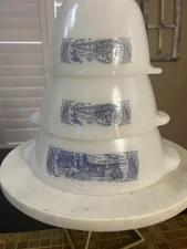 Vintage Glasbake Currier & Ives Milk Glass Mixing Bowls Set of 3 Blue Train