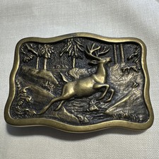 Deer Buck Stag Belt Buckle Cowboy Hunter Sportsman Brass Vtg 80s BTS