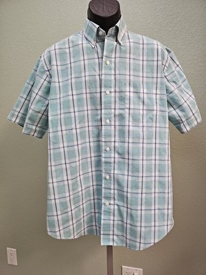 Arrow Mens Oxford Shirt Short Sleeve Button Down Blue Green Dress Stripe M