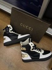 Auténticas Tenis de caña alta GUCCI para mujer Cuero blanco Negro Hebilla Dorada Correas
