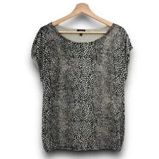 Talbots SMALL Black Cream Cheetah Print Tee Shirt Top Cap Short Sleeve Knit