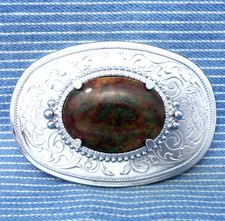 Western Floral Scroll Belt Buckle Cowboy Moss Agate Cowgirl Vtg 80s   .CPA722