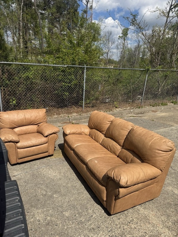 Tan Leather Contemporary Two-Piece Sofa and Armchair Set for Living Room