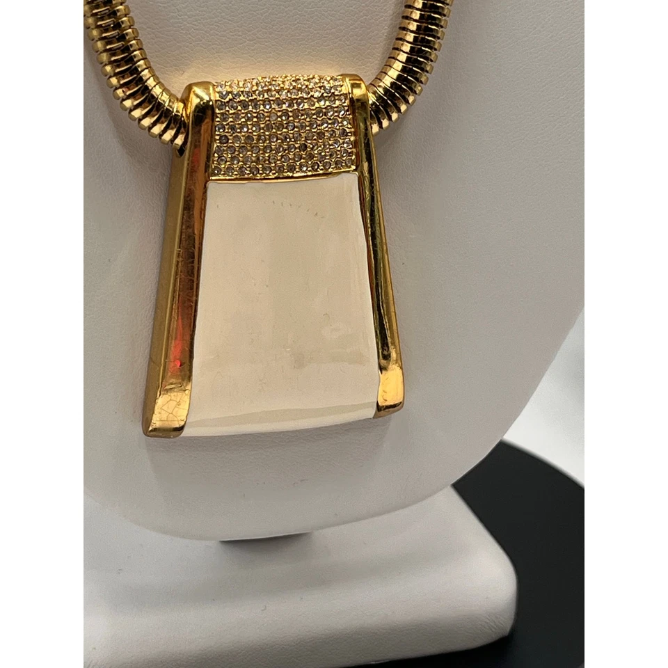 Rachel Zoe Designer Cream Enamel & Pave Crystal Pendant Gold Plated Necklace - Image 4 of 4