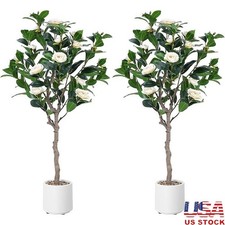 4ft Artificial Camellia Tree 2 Pack Faux Plant Realistic Decor White Planter New