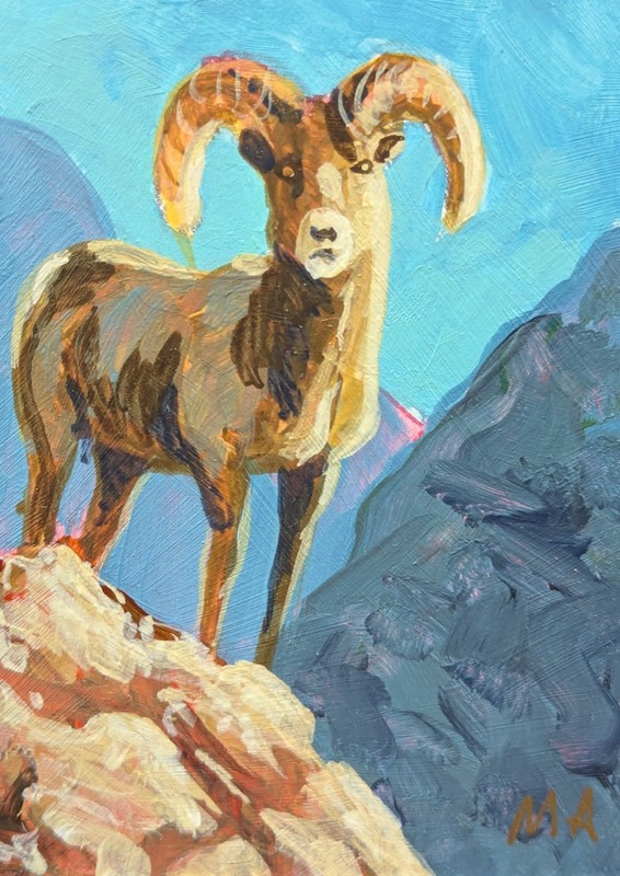 ACEO Original 3.5"x 2.5" inch Hand Painted Ram, Landscape, Western OOAK, Misael 