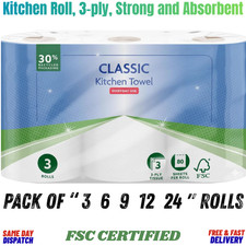 3 Ply Kitchen Roll Strong Absorbent | 3 Roll Pack FSC Certified Paper Towels UK