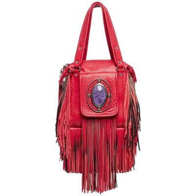 ETRO  2008 RUNWAY Fringe  Red Leather Shoulder Bag Purple Stone Bohemian Purse 