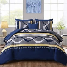 Striped Comforter Set Size,8 Pieces Bed in a Bag Queen Navy Blue Yellow