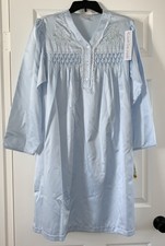 NWT MISS ELAINE M BRUSHED BACK SATIN EMBROIDERED LONG SLEEVE NIGHTGOWN blue