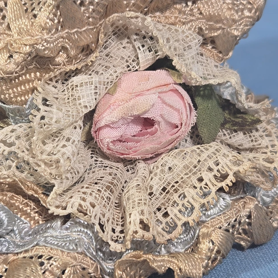 Antiguo sombrero victoriano de encaje cremoso para muñeca francesa alemana cinta rosas Foto 4 de 4