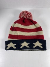 Stars Stripes USA Flag July 4th White Red Blue Beanie Cuff Hat Cap knit warm Pom