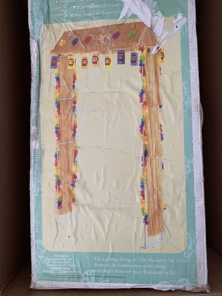 8ft Decorated Lighted Tiki Arch Simulated Raffia Hibiscus Flower Trim Luau Party - Image 3 of 4