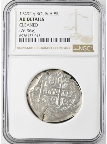1749 P Q BOLIVIA 8 REALES COB SILVER COIN NGC AU