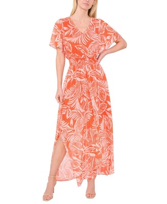 CeCe Maxi Dress Women LG Tiger Lily Tropical Smocked-Waist Flutter Sleeve ERK138