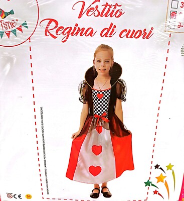 Costume Da Regina Di Cuori Per Bambina - Abito Lungo Rosso Con Cuori E Corona In Tessuto 100% Poliestere - Perfetto Per Carnevale, Recite E Feste A Tema