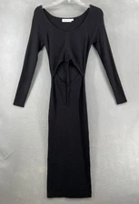 ALL IN FAVOR Dress Sz M Black Gathered Front Cutout Long Sleeve Rib Midi