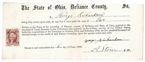 Civil War 1864 $2 Bounty Fund Town of Farmer, Ohio W/Tax Stamp