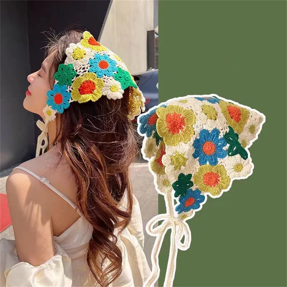 Pañuelo de ganchillo estilo pastoral estilo triángulo floral tejido para mujer niña Foto 4 de 4