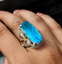 Solid 925 Sterling Silver Oval Natural Blue Quartz Gemstone Ring Jewelry XMAS